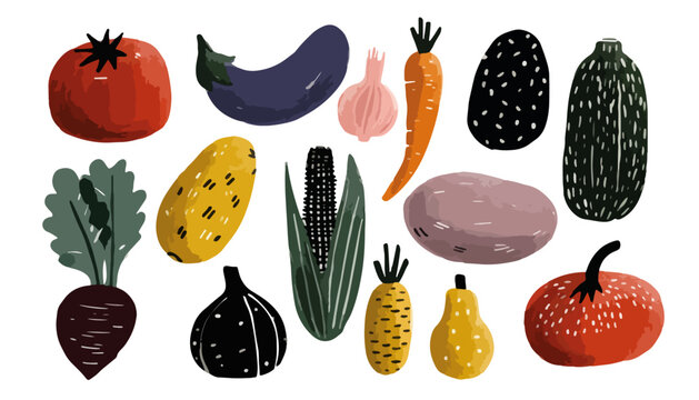 A vibrant collection of stylized, hand-drawn vegetables including tomato, carrot, and corn, ideal for healthy eating designs with a transparent background.