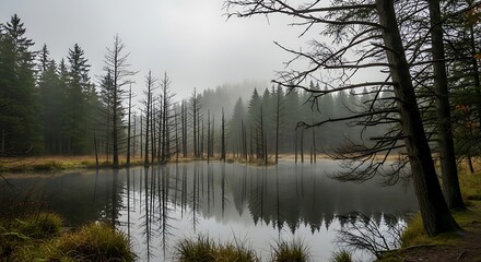 Misty Forest Lake with Dead Trees Reflecting in the Still Water