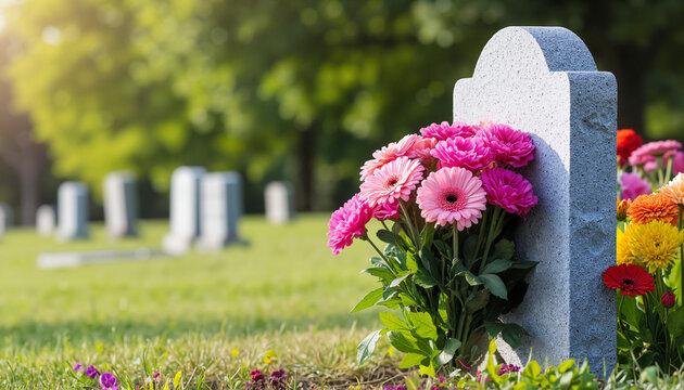 Gravestone surrounded by colorful flowers in serene cemetery setting  