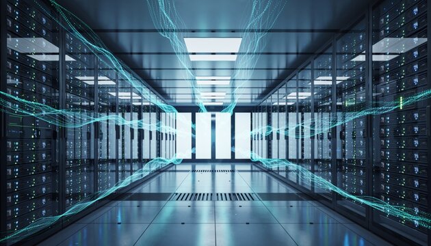 Server room with glowing data streams flowing through the racks, illustrating high-speed network connectivity and digital infrastructure. - Powered by Adobe