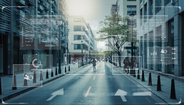 Augmented reality interface displaying digital data and analytics over a bustling modern city street, enhancing urban life and pedestrian navigation. - Powered by Adobe