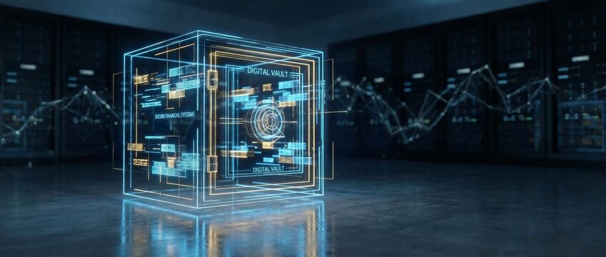 Digital vault representing secure data storage and protection, illuminated with glowing lines and abstract digital elements in a dark server room. - Powered by Adobe