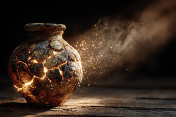 Treasures in Earthen Vessels, glowing light inside a cracked clay jar, 2 Corinthians 4:7 Biblical metaphor of the Soul.