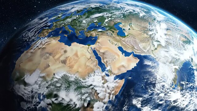 Rotating earth globe with continental landmasses and azure oceans against starfield