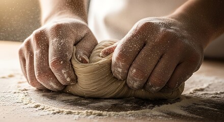 Baker's hands kneading dough covered with flour in rustic kitchen