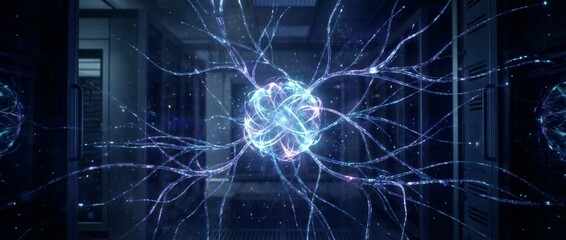 Vibrant glowing abstract neural network structure symbolizing artificial intelligence and complex data processing within a modern server room environment.