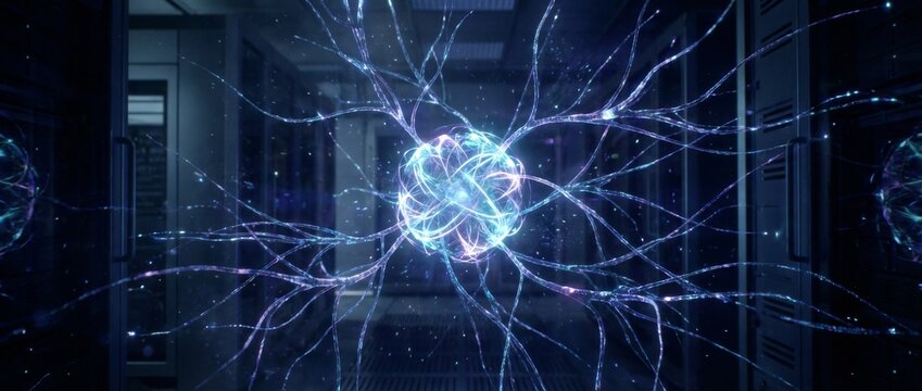 Vibrant glowing abstract neural network structure symbolizing artificial intelligence and complex data processing within a modern server room environment. - Powered by Adobe