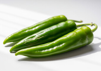 Pile of fresh green chili peppers isolated on white background