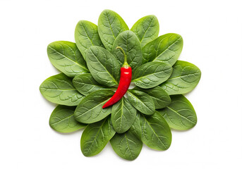 Fresh green spinach leaves arranged in a circle with a red chili in the center