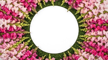 Floral arrangement with vibrant snapdragons forming a frame around whitespace