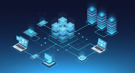 Futuristic Isometric Cloud Network Data Center and Server Technology Illustration