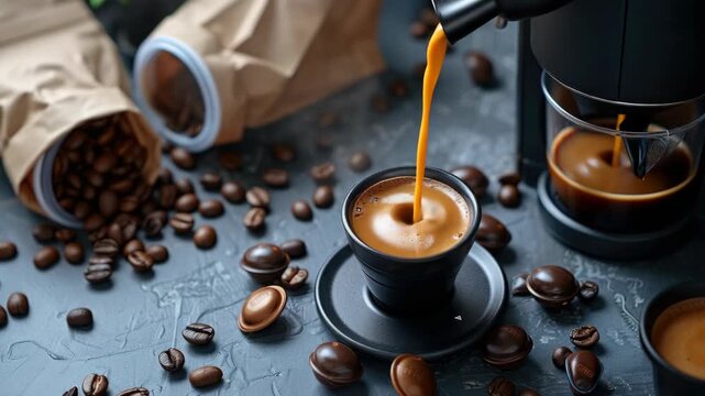 This captures a moment of a coffee-making process where coffee beans have spilled onto the surface around an espresso machine and a cup of coffee.