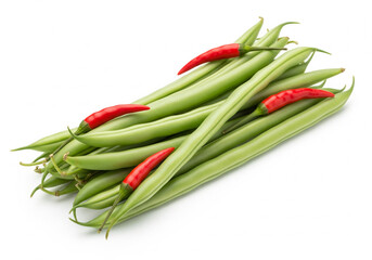 Fresh green yardlong beans and red chili peppers isolated on white background