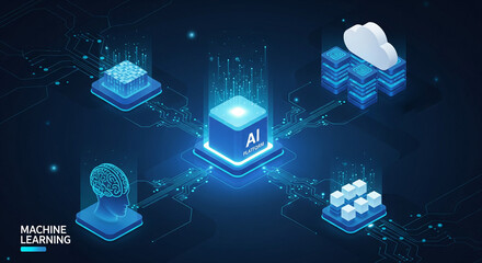 Machine Learning Concept: AI Platform Hub Connected to Cloud Processing, Data Centers, and Intelligent Systems