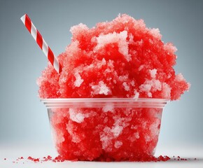 A frozen strawberry daiquiri or slush drink served in a clear plastic cup, topped with whipped cream and a red straw, leaving space for copy