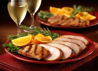 Delicious baked ham presented on a dark wooden table, shot up close