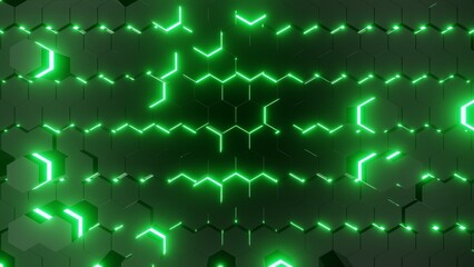abstract background, Digital Neon glowing, Futuristic technology 3D Render, Backdrop or Background for ai, technology, business, cyberspace and cyberpunk themes, wallpaper, geometric shape, Green Glow © Nwz