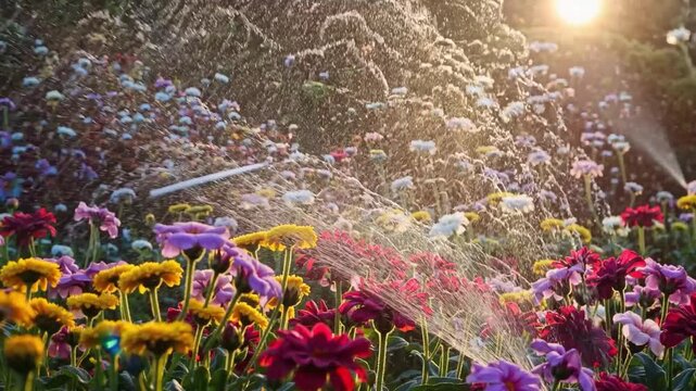 A man gently waters vibrant flowers in a garden bathed in golden sunlight. The colorful blooms thrive as the water cascades, celebrating the beauty of nature's creation.