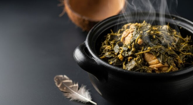 Steaming Comorian Mataba au Poulet Chicken and Cassava Stew with Negative Space Left