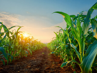 Obraz premium green corn field or maize field at agriculture farm in the morning sunrise 