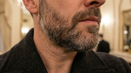 Obraz premium Close-up side profile of a man's bearded jawline and chin wearing a grey coat with blurred background