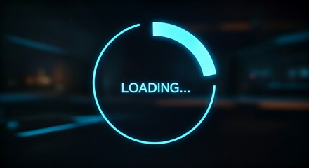 Innovative loading bar concept. A holographic circular progress bar fills with light, with the word "LOADING..." in the center.