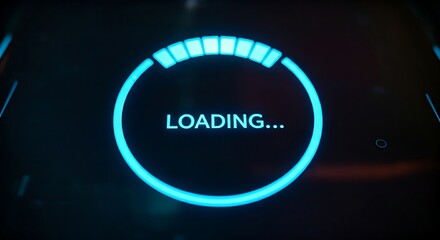 Innovative loading bar concept. A holographic circular progress bar fills with light, with the word "LOADING..." in the center.