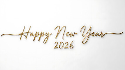 golden happy new year 2026 in elegant wire script on a bright white background ideal for festive greetings cards and seasonal promotion.