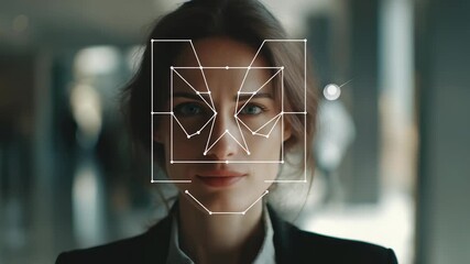 Confident businesswoman with facial recognition interface overlay, symbolizing modern biometric security and digital identity verification. Futuristic technology in corporate environments - Powered by Adobe