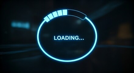 Innovative loading bar concept. A holographic circular progress bar fills with light, with the word "LOADING..." in the center.