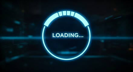 Innovative loading bar concept. A holographic circular progress bar fills with light, with the word "LOADING..." in the center.