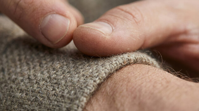 Macro shot of male fingers touching rough tweed fabric texture detail