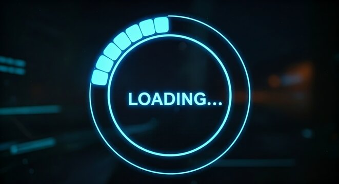Innovative loading bar concept. A holographic circular progress bar fills with light, with the word "LOADING..." in the center. - Powered by Adobe