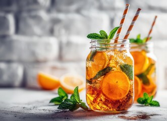 Iced tea with lemon and mint. Selective focus