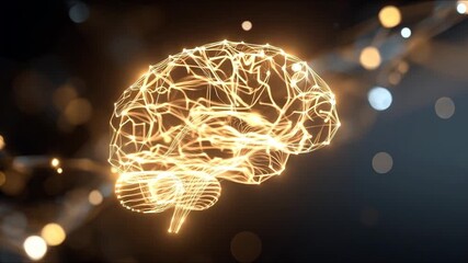 Glowing digital brain with golden neural network connections representing artificial intelligence and future technology - Powered by Adobe