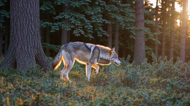 A wolf strides quietly through the forest, its fur glowing in the warm light of the setting sun. Tall trees surround the wolf, creating a serene atmosphere filled with nature's bea