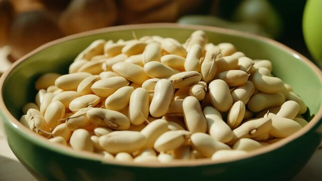 A close-up view of peanuts that have been freshly shelled and piled into a bowl on the table.