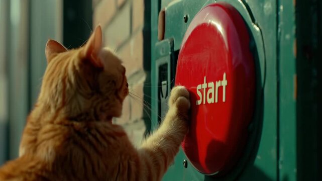 Brown tabby cat with white paws pushing a red start button on a wall
