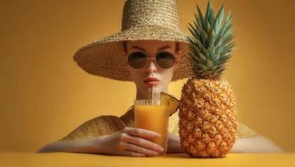 A sunny summer portrait features a fashionable young woman sipping fresh juice while holding a pineapple, wearing a straw hat and sunglasses against a vibrant yellow studio backdrop