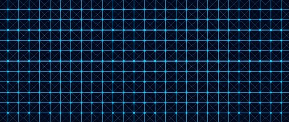 Blue glowing geometric grid pattern with connected lines and dots on a dark blue background creating a futuristic technology concept for data visualization.