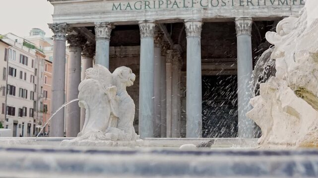 Fontana Del Pantheon With Baroque Sculptures And Macuteo Obelisk In Historic square, Rome