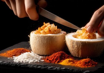 A man pours milk from a coconut