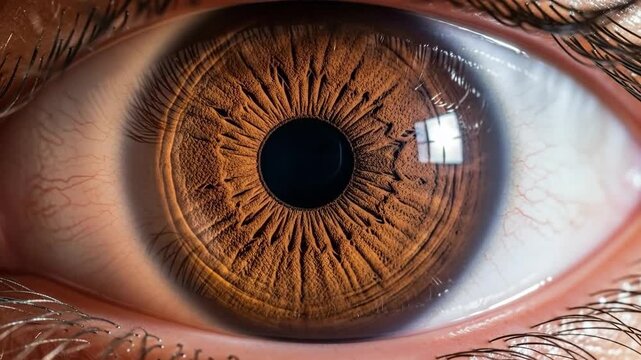 Close-up of a brown eye showcasing intricate iris texture.