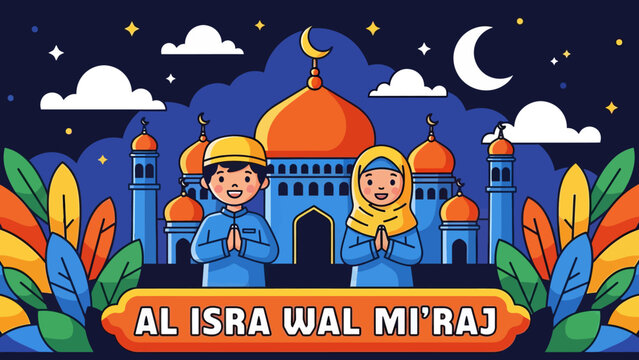 Cute Islamic illustration of Al Isra Wal Mi&rsquo;raj showing happy Muslim children praying in front of a mosque at night, symbolizing faith, worship, spirituality, and religious celebration.