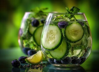 Contemporary still life featuring beverages: a vegan diet cocktail of cucumber, lemon, lime, blueberry, and chia seeds, promoting detox, weight loss, healthy living, and nutrition