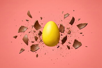 A vibrant yellow egg floats amidst dynamically scattering chocolate shell fragments against a striking pink background.