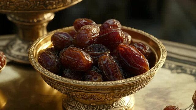 A bowl of shiny red dates with gold trim on a dark background.