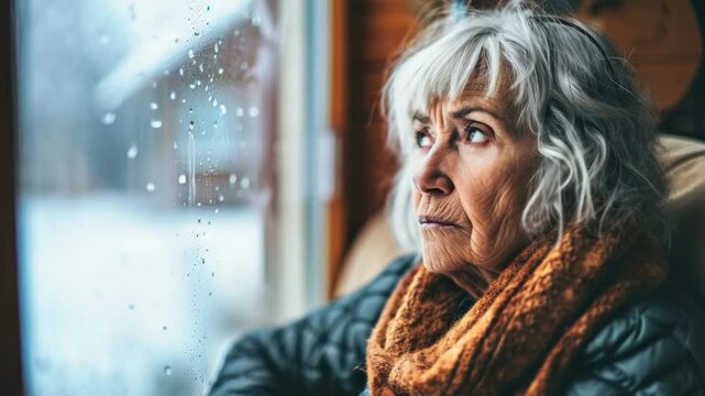 An elderly woman with gray hair sitting by a window and looking out at the rain. She is wearing an orange scarf and jacket. The conveys a sense of reflection and quietude.