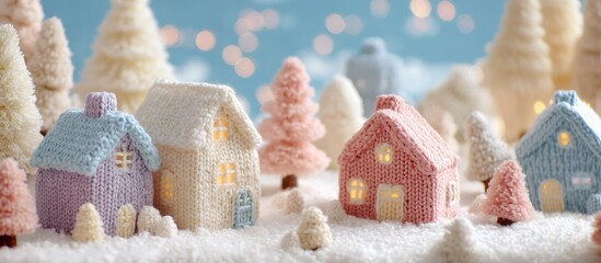 A simple, whimsical, and sweet Christmas scene, rendered entirely in soft, chunky knit yarn, in an isometric view