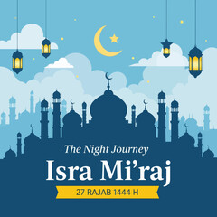 Obraz premium Isra Mi'raj night journey illustration with mosque silhouette, crescent moon, lanterns, and clouds. Islamic religious celebration background for holy events, Ramadan themes, and spiritual designs.